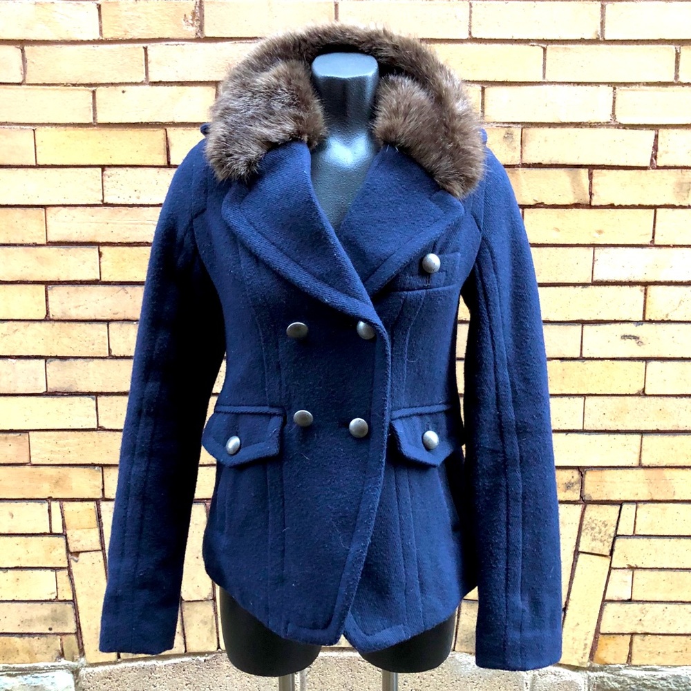 American Eagle Outfitters Navy Wool Peacoat Faux Fur Collar Size Extra Small XS